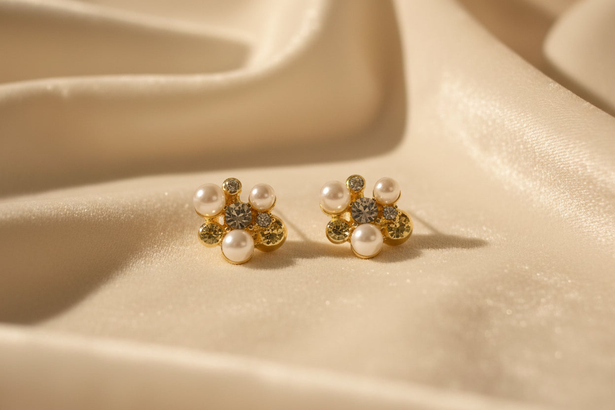 Elegant Gold Pearl Cluster Stud Earrings - Vintage Crystal Floral Geometric Post Earrings