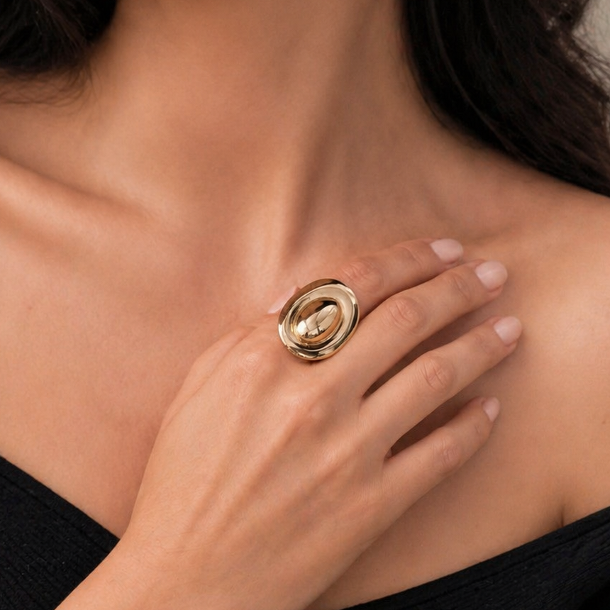18K Gold Plated Oval Disc Statement Ring | Minimalist High-Shine Jewelry