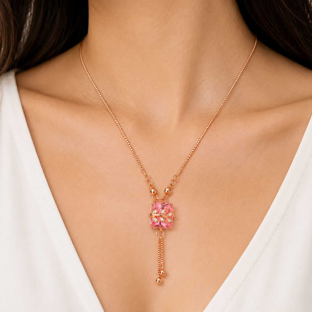 Elegant Rose Gold Pink Crystal Pendant Necklace