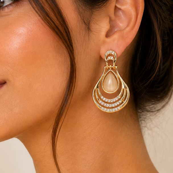 Vintage Gold Geometric Trapeze Drop Earrings - Art Deco Acrylic and Crystal Statement Dangles