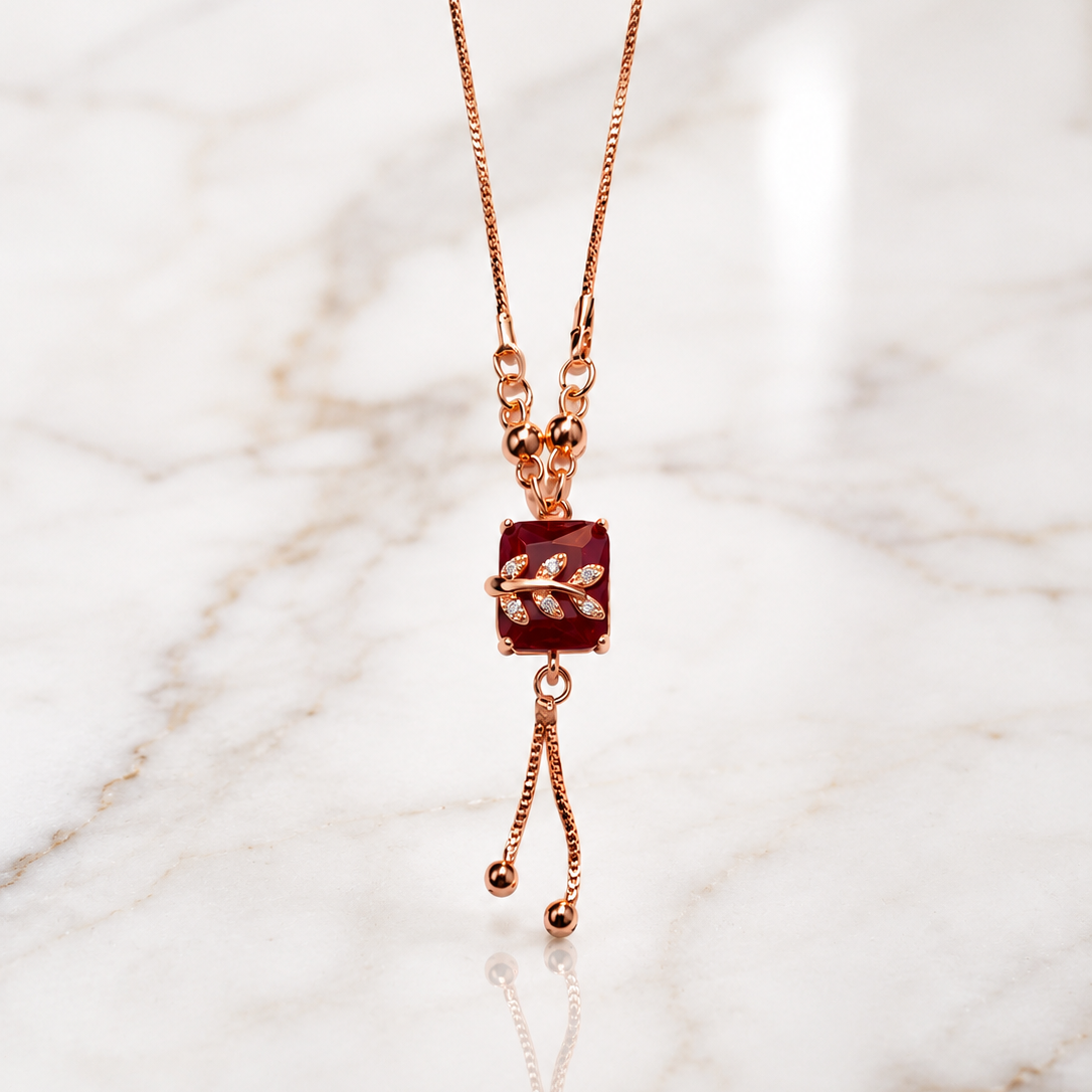 Scarlet Leaf Rose Gold Pendant Necklace – Ruby Red Cushion Cut Pendant