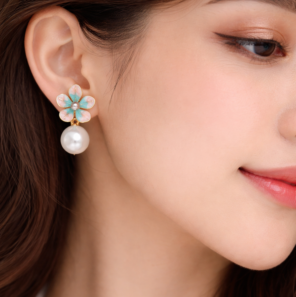 Pastel Meenakari Floral Pearl Drop Earrings - Enamel Flower Gold-Plated Statement Dangles