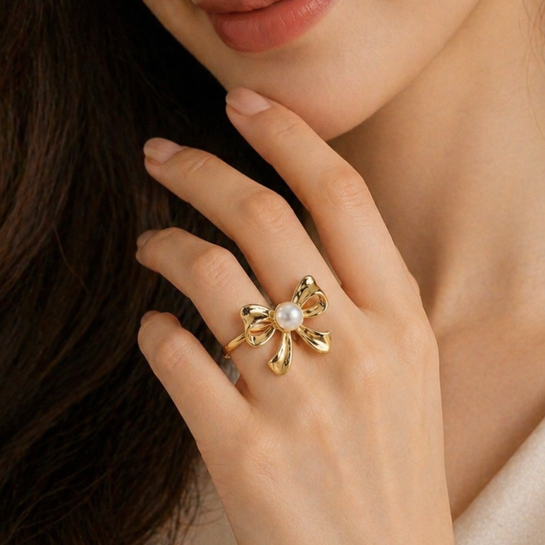 18K Gold Plated Pearl Bow Statement Ring | Romantic Ribbon Jewellery