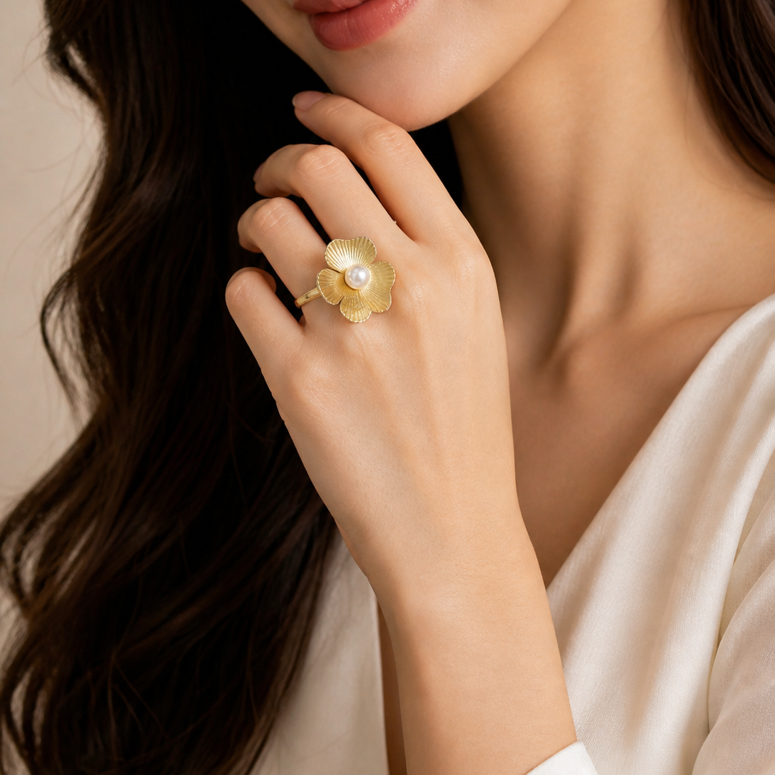 Gold Ribbed Clover Pearl Statement Ring | 18K Gold Plated Floral Bloom Jewellery