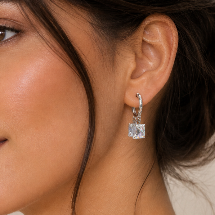Silver Geometric Crystal Cube Hoop Earrings - Radiant Square Zirconia Charm Huggie Hoops
