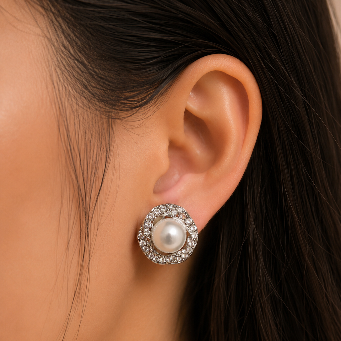 Elegant Faux Pearl and Crystal Halo Stud Earrings - Silver-Tone Swirl Statement Earrings