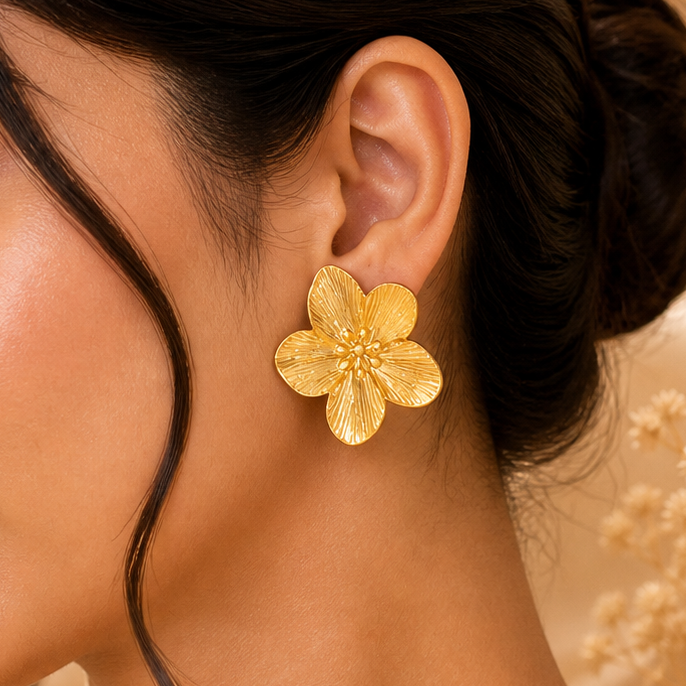 Large Gold Floral Statement Earrings | Tarnish-Free Hypoallergenic Botanical Studs