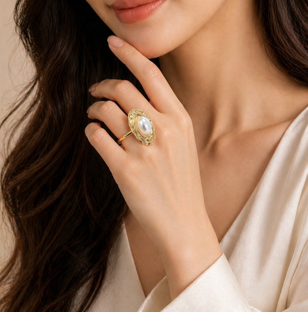 Oval Pearl Cocktail Ring - Gold Textured Statement Ring