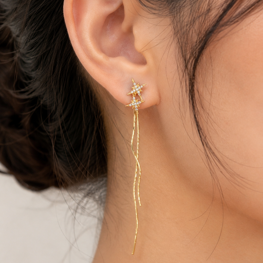 Celestial Crystal Starburst Dangle Earrings - Korean Style Gold Long Chain Threader Earrings