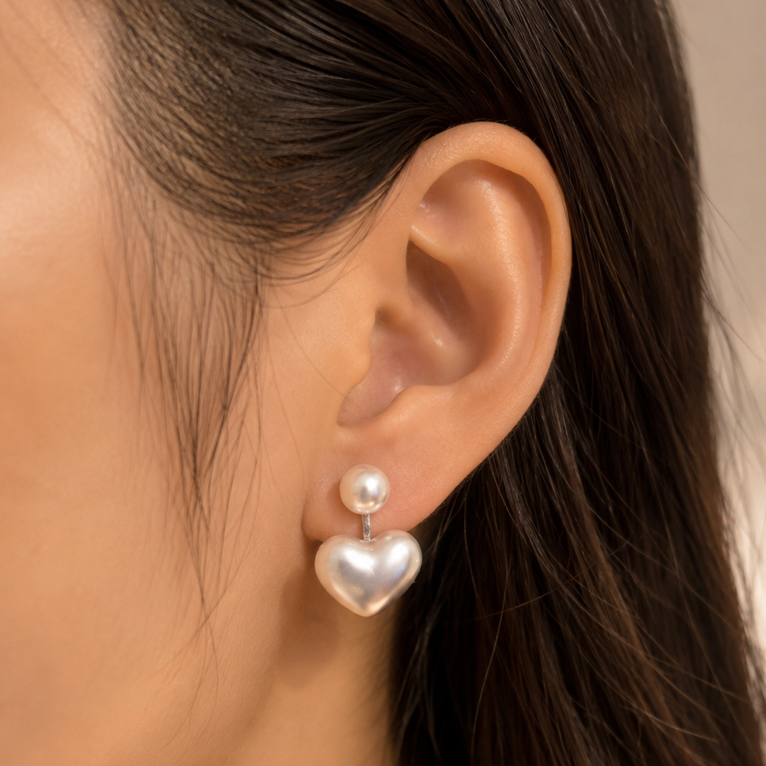 Romantic Faux Pearl Heart Drop Earrings - Korean Style Statement Pearl Dangle Earrings