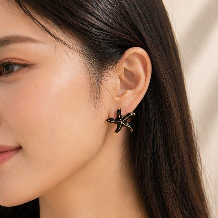 Gold Edged Black Sea Star Statement Studs | Hypoallergenic Stainless Steel