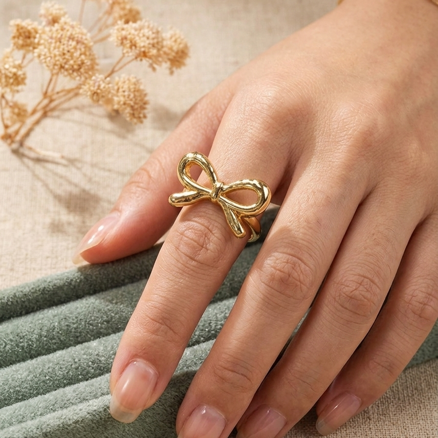 Dainty Gold Bow Ring for Women - Adjustable Ribbon Knot Fashion Jewelry