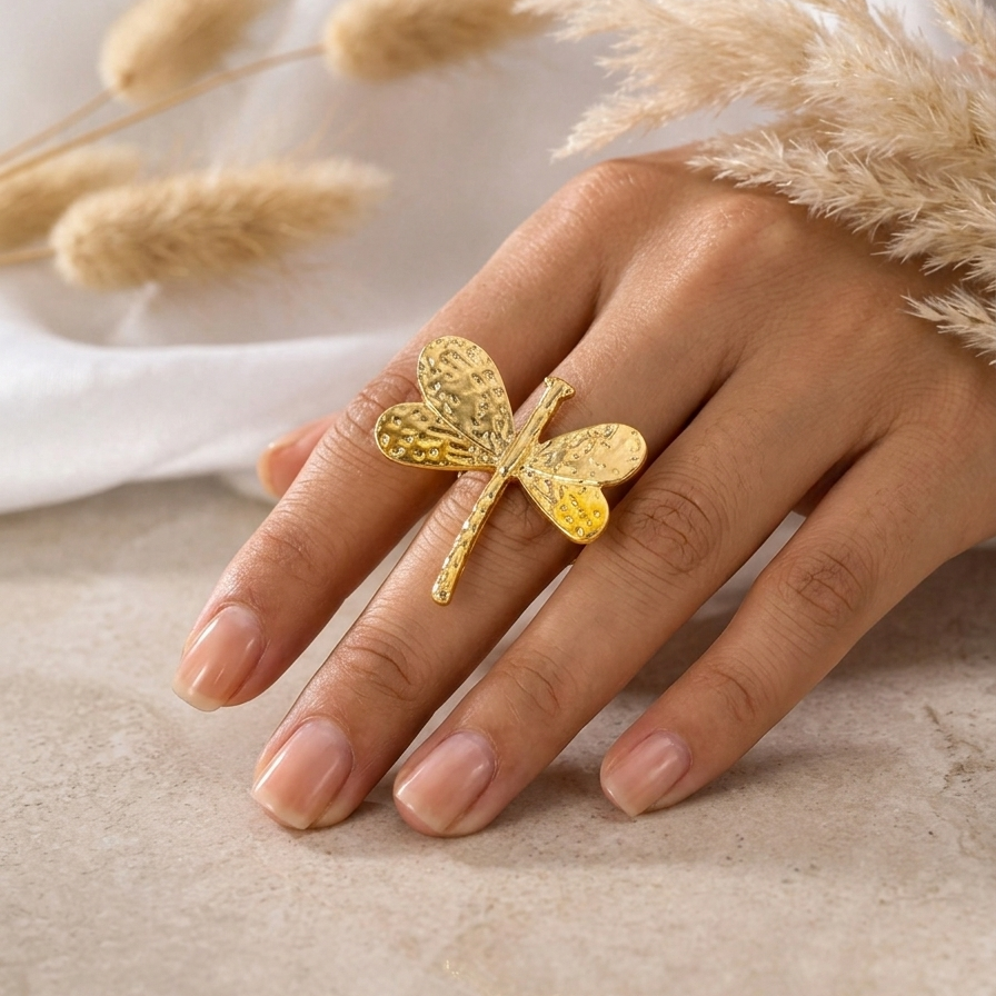 18K Gold Plated Dragonfly Statement Ring | Textured Nature-Inspired Jewelry