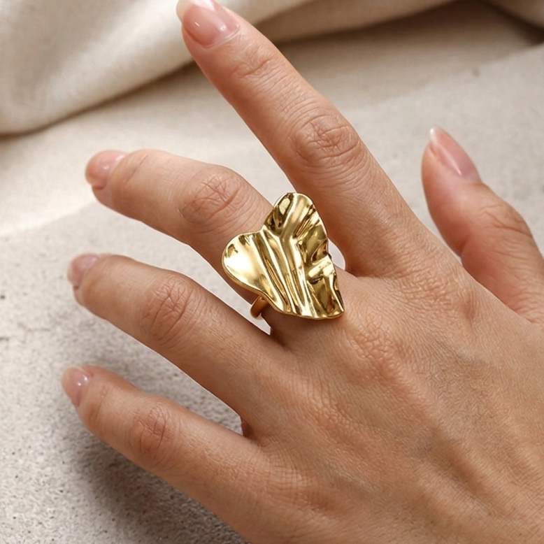 Gold Abstract Flutter Heart Ring – Rippled Metal Statement Cocktail Ring