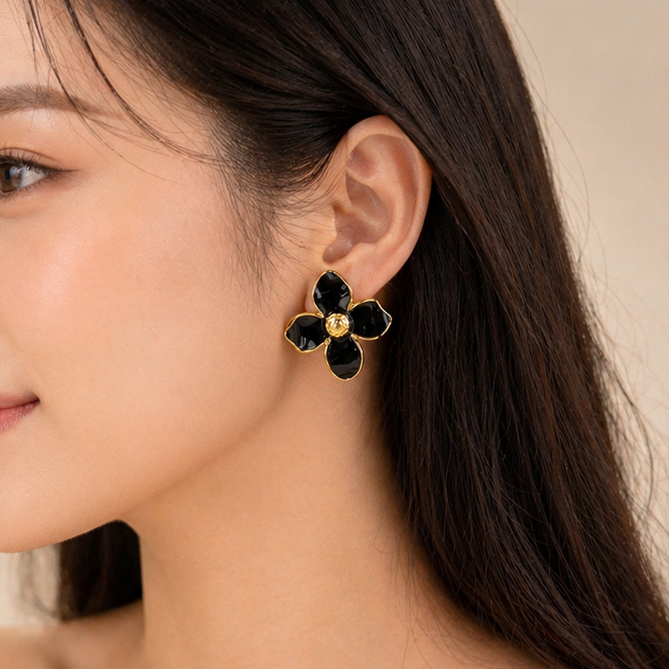 Black Enamel Flower Stud Earrings with Hammered Gold Center | Stainless Steel Floral Jewelry