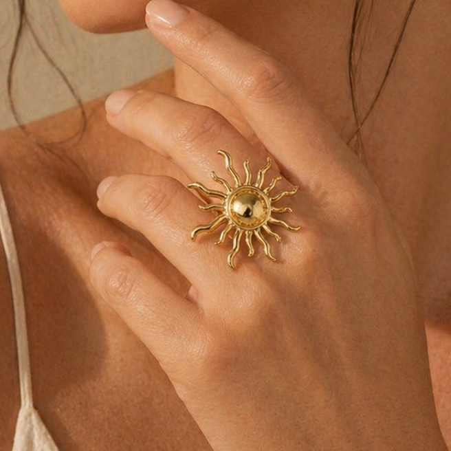 Gold Sunburst Celestial Statement Ring | 18K Gold Plated Radiant Sun Jewellery
