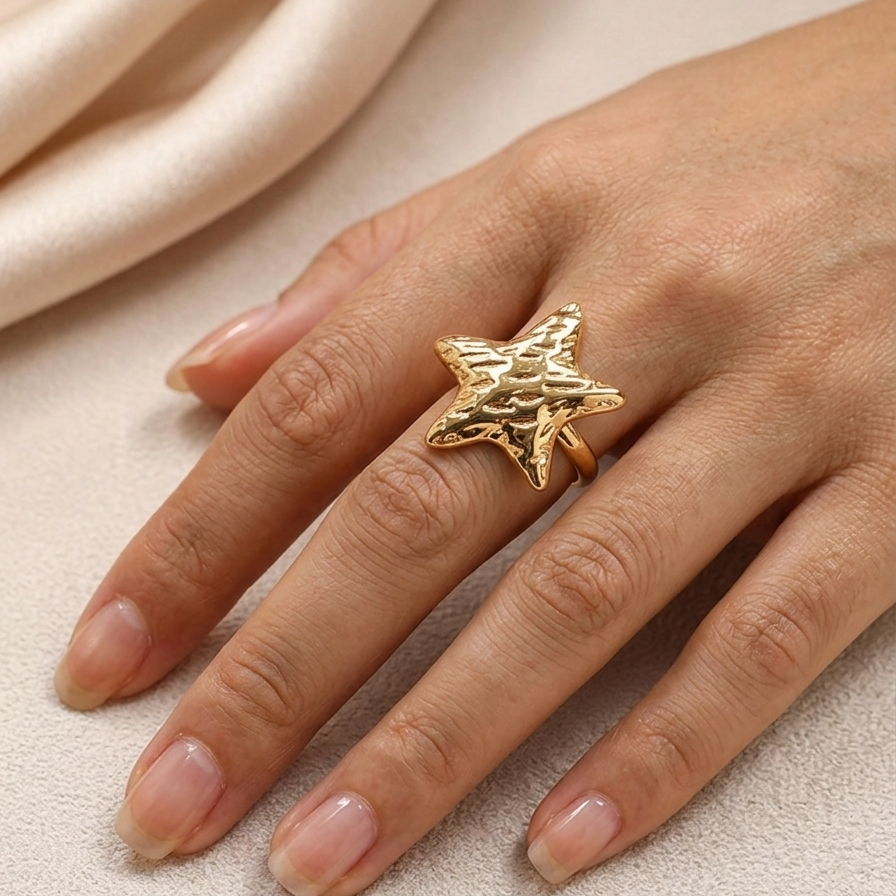 18K Gold Plated Starfish Statement Ring | Textured Coastal Jewelry