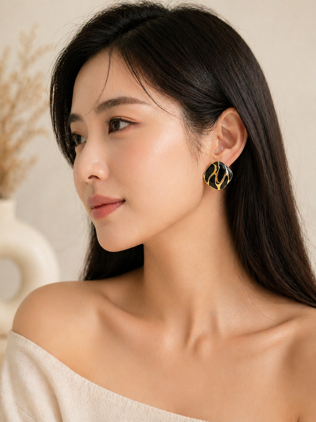 Abstract Spiral Black Enamel Studs | Gold Plated Stainless Steel Geometric Earrings