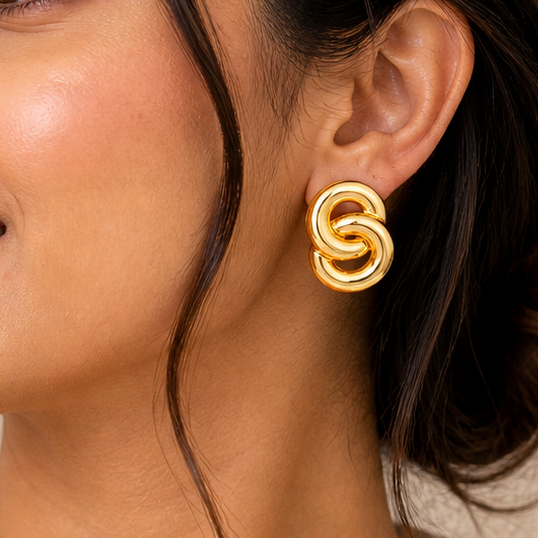 Gold Interlocking Double Hoop Earrings | Stainless Steel Chunky Link Studs