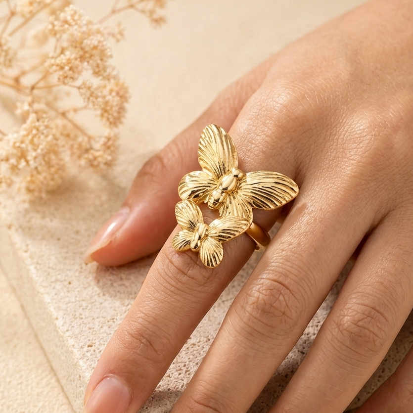 Double Butterfly Gold Statement Ring – Enchanted Garden Textured Cocktail Ring
