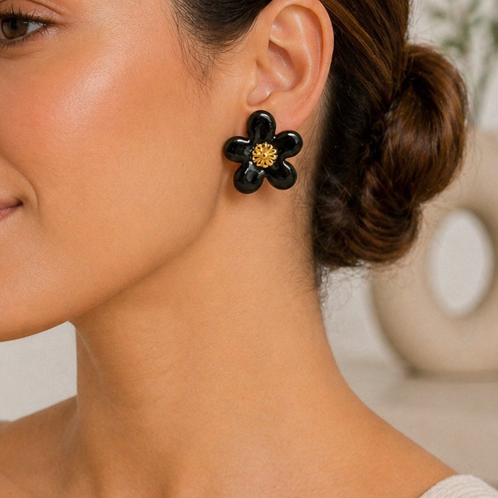 3D Floral Stud Earrings | Black & Gold Statement Flower Studs | Tarnish Free