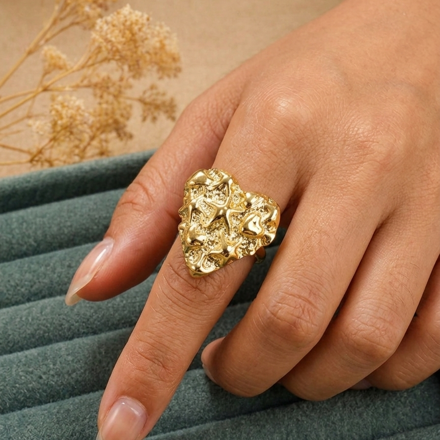 Gold Molten Heart Statement Ring – Textured Abstract Love Cocktail Ring