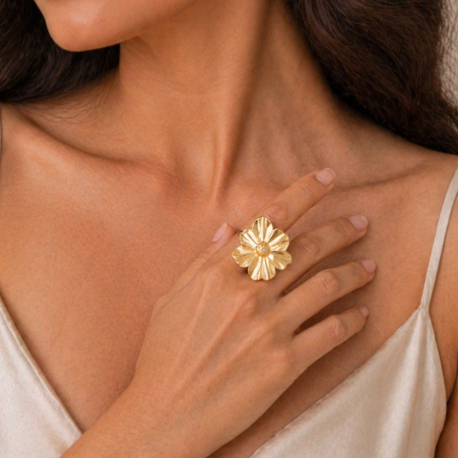 Gold Bloom Statement Ring | Elegant Botanical Style for Weddings, Parties & Gifting
