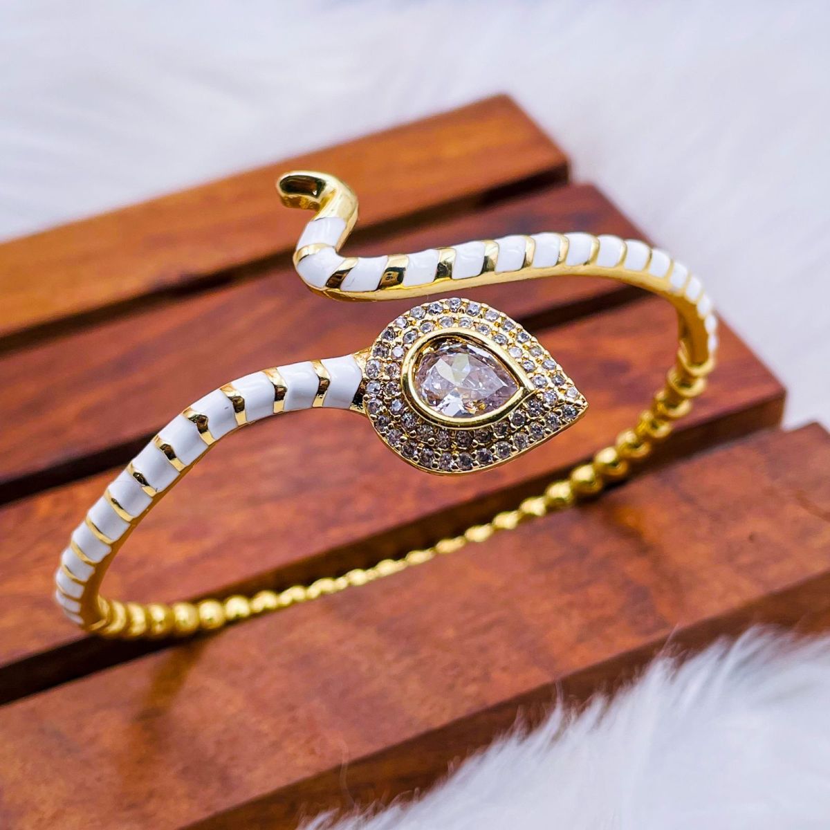 Pear Drop Copper Cubic Zirconia Black Enamel 18K Gold Cuff Kada Bulk