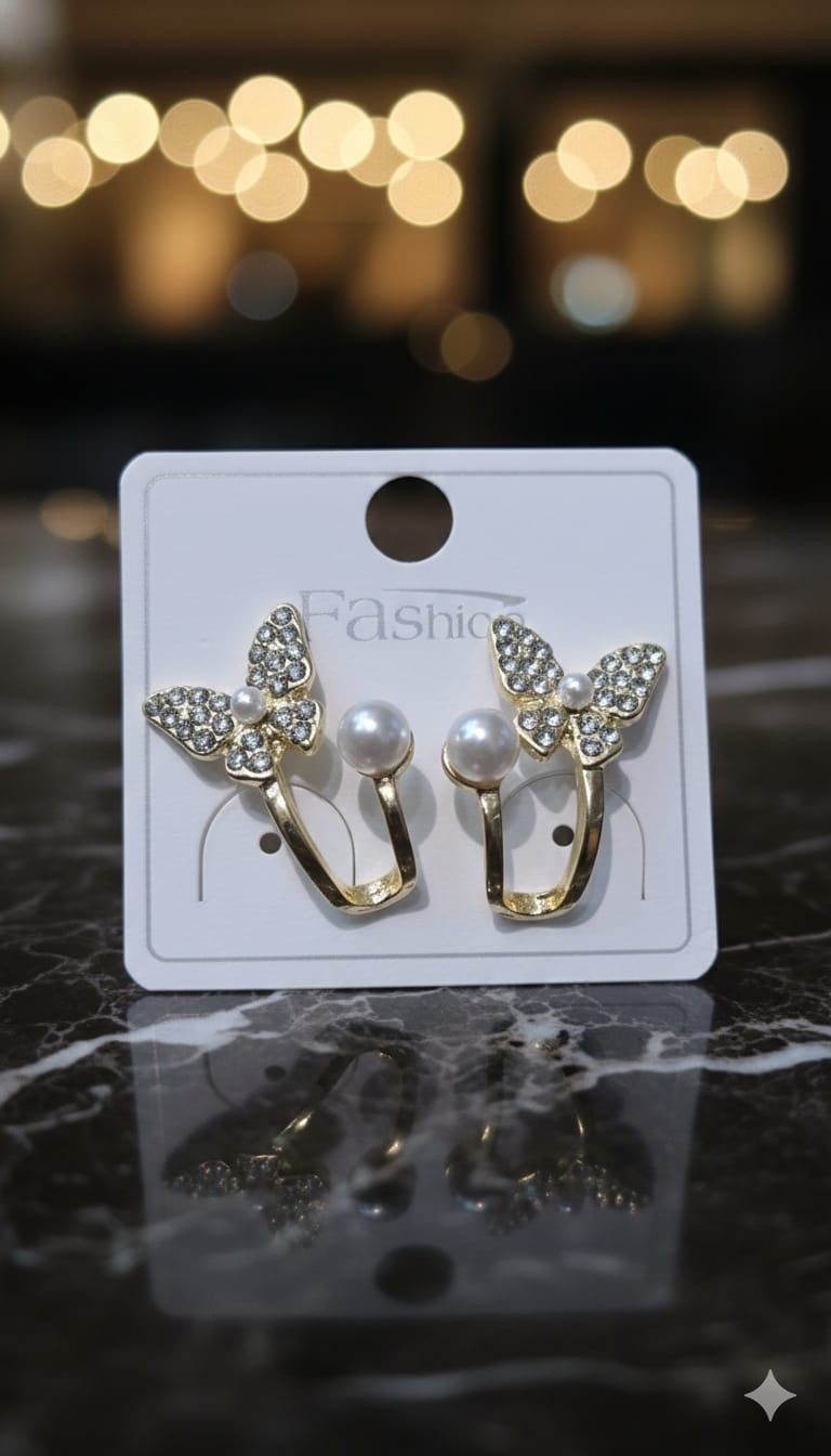 Gold Crystal Butterfly Ear Jacket Earrings - Open Wrap Pearl and Rhinestone Studs