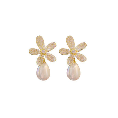 Flower 18K Gold White Cubic Zirconia Pearl Anti Tarnish Stud Drop Earring For Women