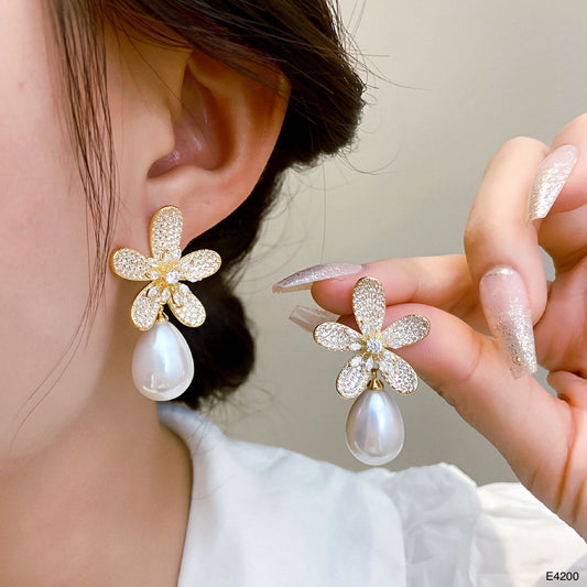 Flower 18K Gold White CZ Pearl Anti Tarnish Stud Drop Earring Bulk