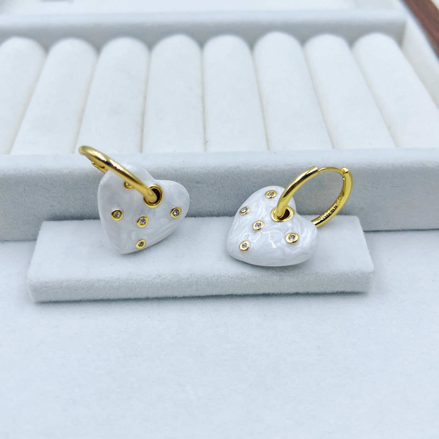 Love Heart CZ Enamel Gold White Anti Tarnish Hoop Drop Earring Bulk