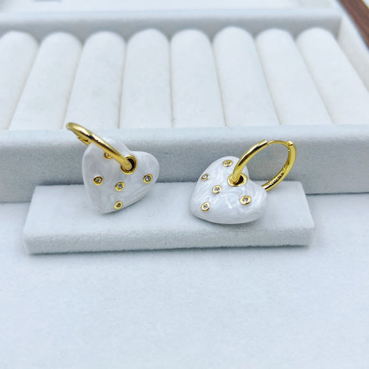 Love Heart CZ Enamel Gold White Anti Tarnish Hoop Drop Earring Bulk