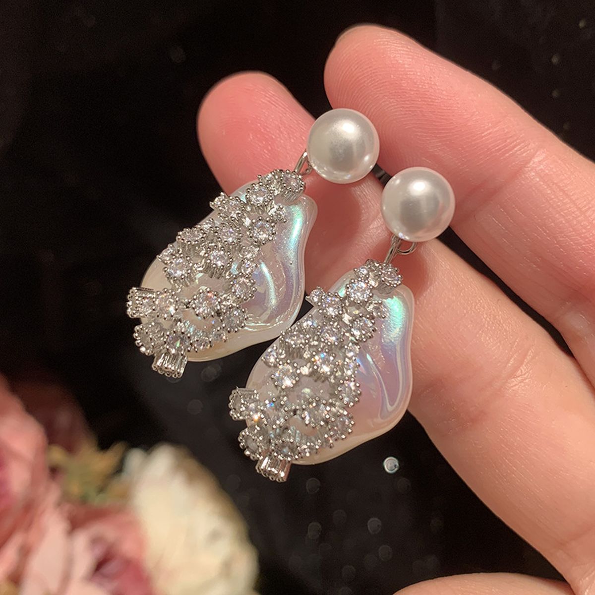 Freshwater Baroque Cubic Zirconia Pearl 18K Gold White Anti Tarnish Drop Dangler Earring For Women