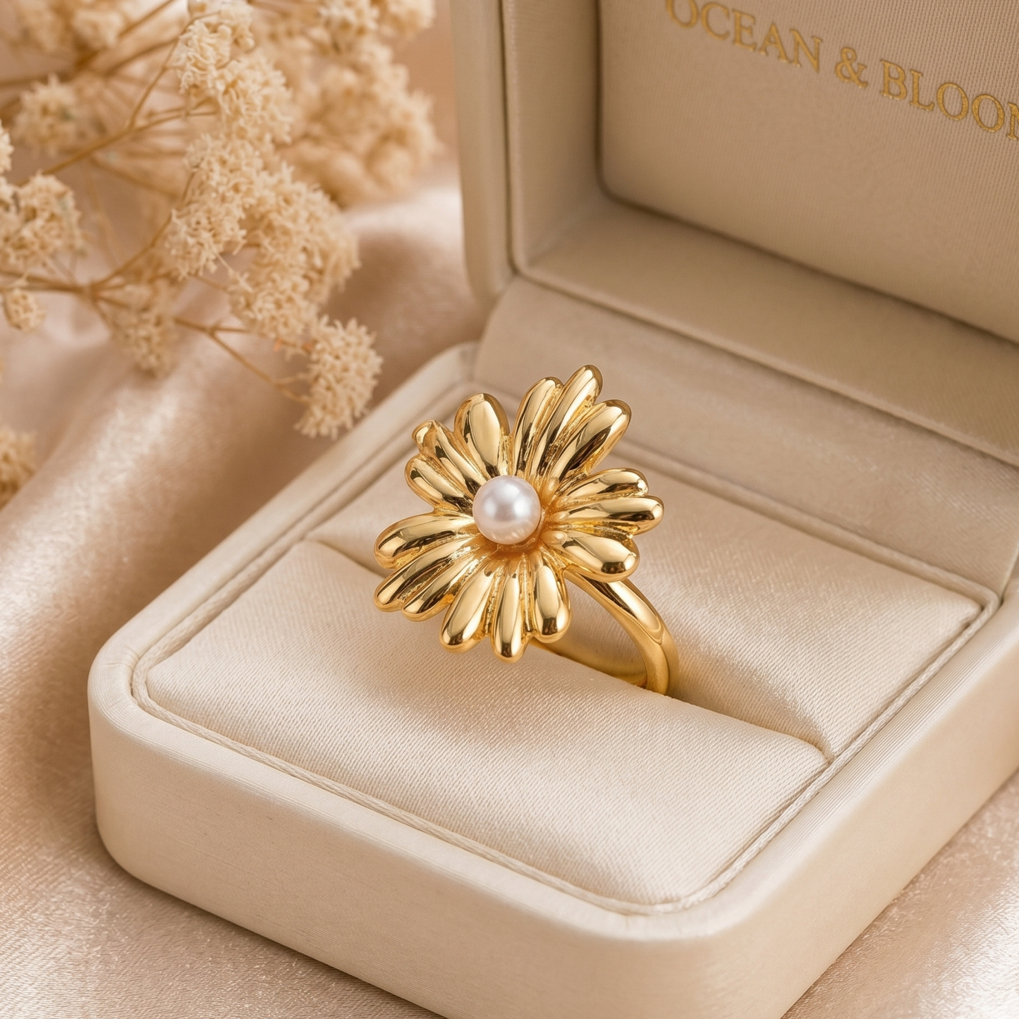 Gold Daisy Pearl Statement Ring – Adjustable Floral Cocktail Ring for Women
