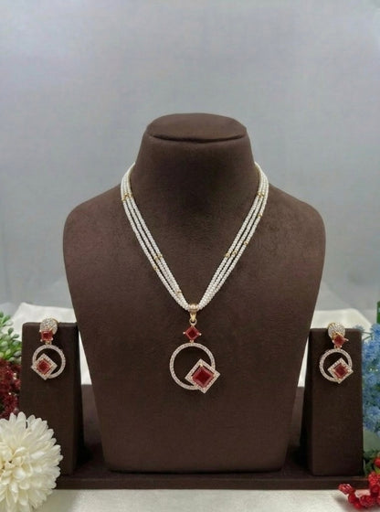 Premium Pearl Necklace Set with Ruby Accent