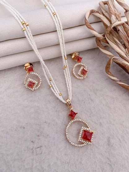 Premium Pearl Necklace Set with Ruby Accent
