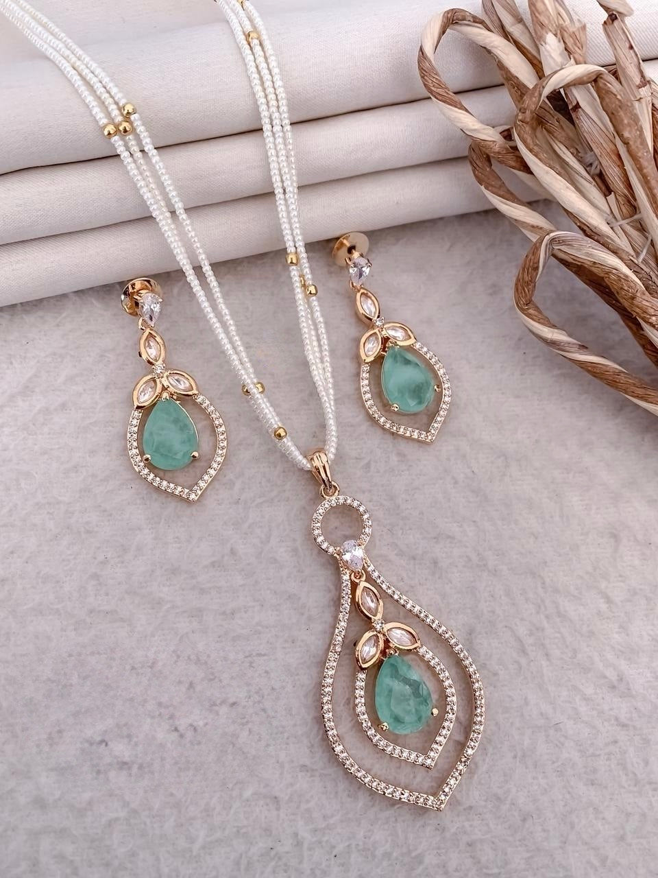 Elegant Multi-Layer Pearl Necklace Set with Crystal Pendant & Earrings