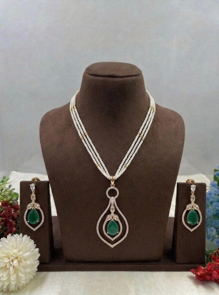 Elegant Multi-Layer Pearl Necklace Set with Crystal Pendant & Earrings