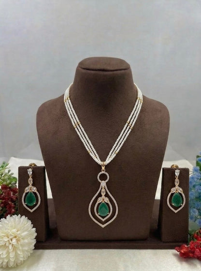 Elegant Multi-Layer Pearl Necklace Set with Crystal Pendant & Earrings