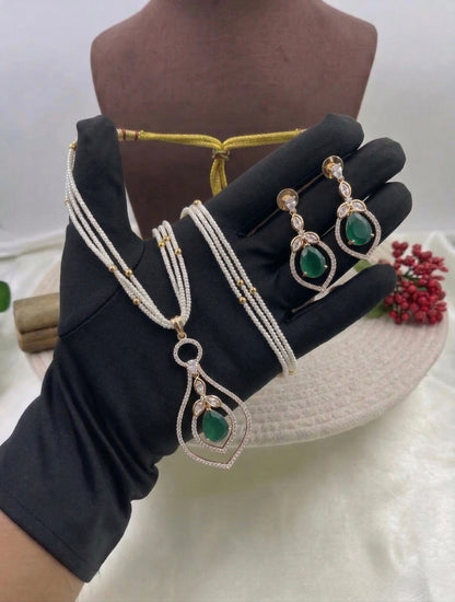 Elegant Multi-Layer Pearl Necklace Set with Crystal Pendant & Earrings