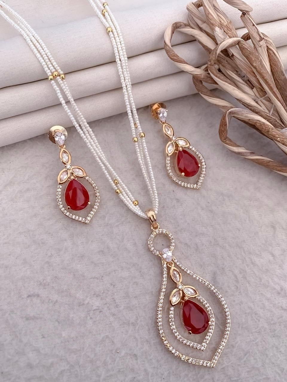 Elegant Multi-Layer Pearl Necklace Set with Crystal Pendant & Earrings