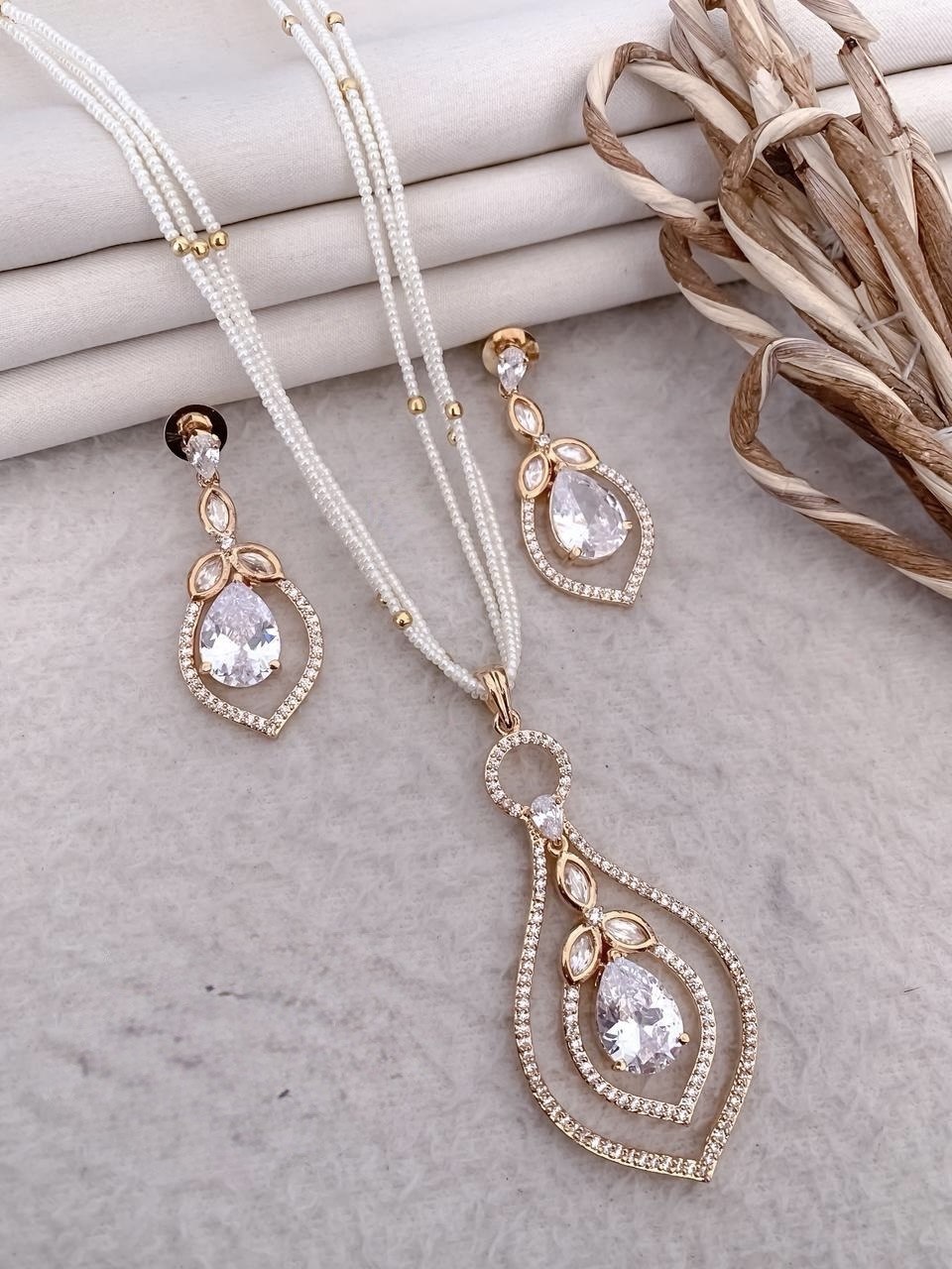 Elegant Multi-Layer Pearl Necklace Set with Crystal Pendant & Earrings