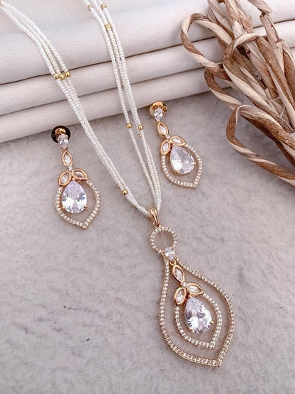 Elegant Multi-Layer Pearl Necklace Set with Crystal Pendant & Earrings