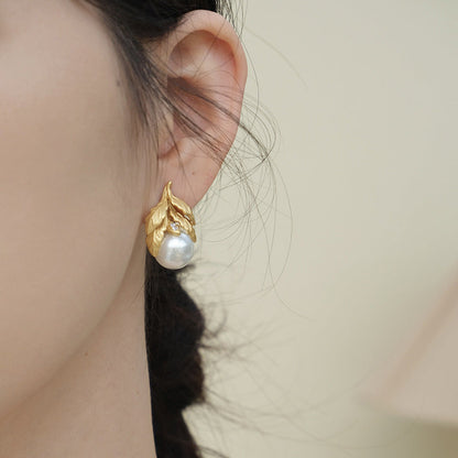 Elegant Botanical Leaf Gold Plated Pearl Copper Drop Earrings Wholesale
