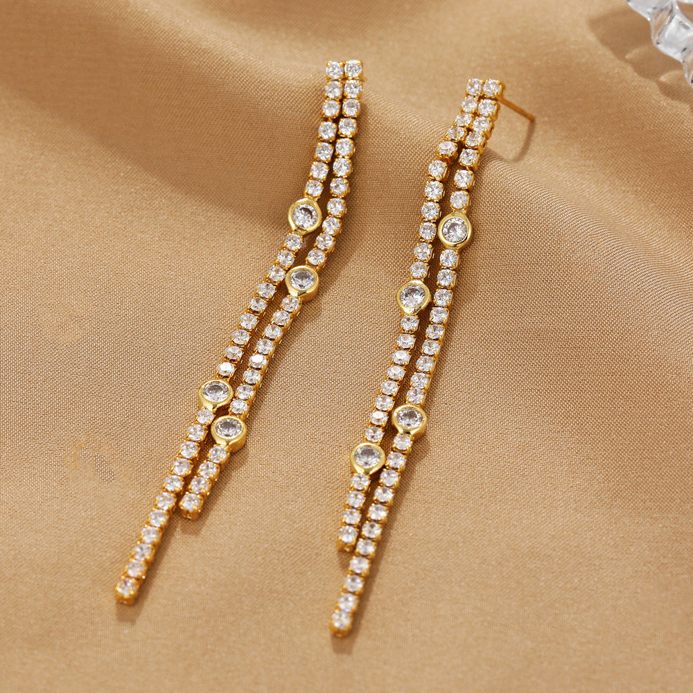 Luxury Double Line Tassel Gold CZ Stainless Steel Drop Earrings Bulk