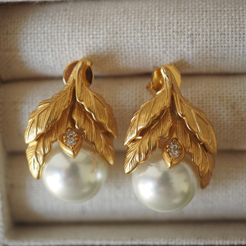 Elegant Botanical Leaf Gold Plated Pearl Copper Drop Earrings Wholesale
