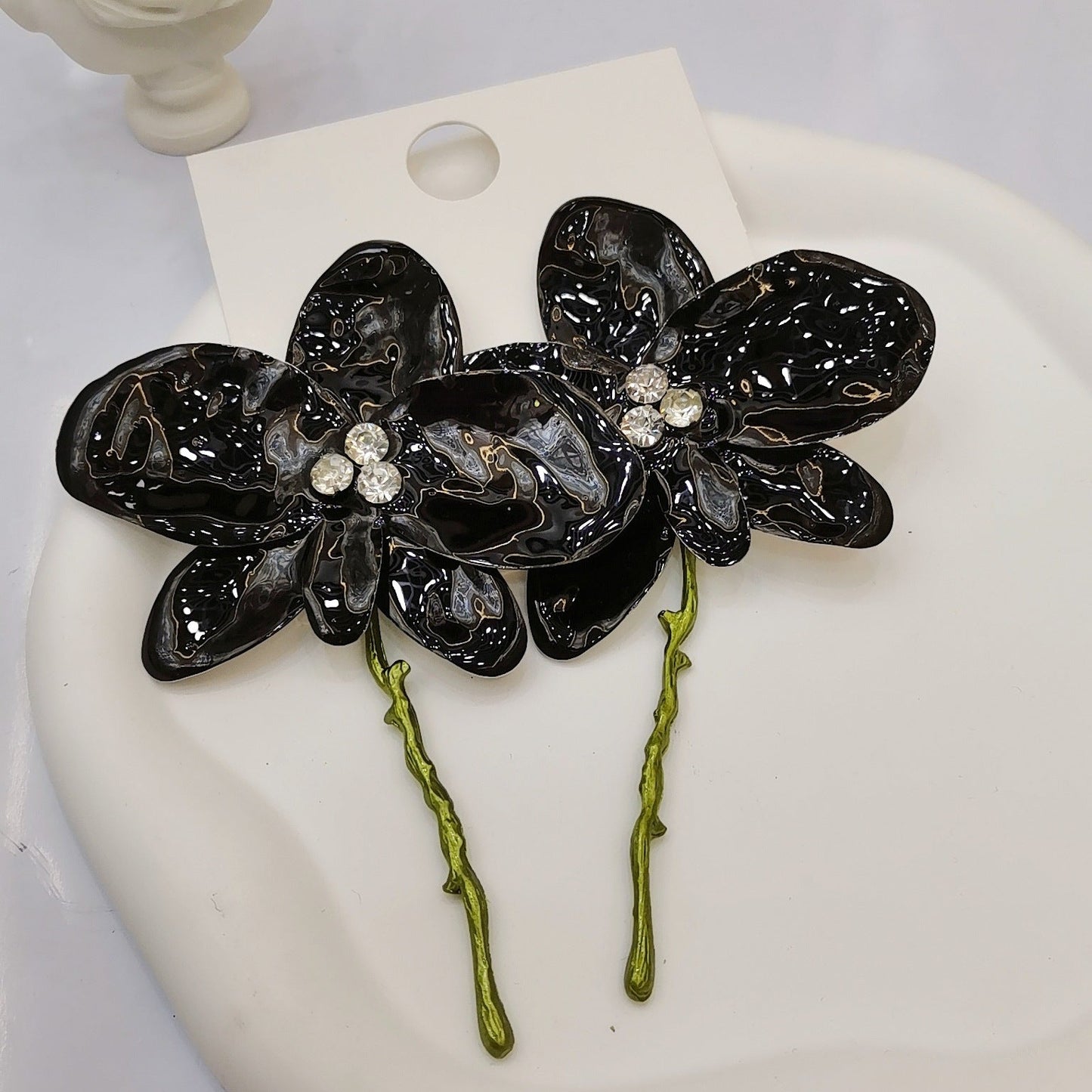 White Purple Black Flower Leaves Gold Enamel Dangler Earrings Bulk