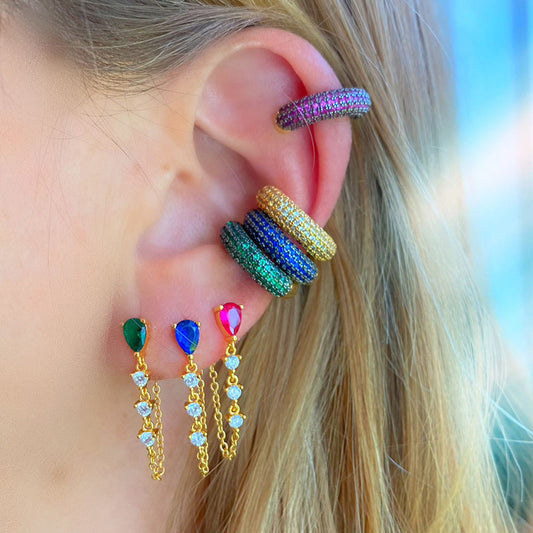 Drop Solitaire Gold CZ Anti Tarnish Dangler Tassel Chain Earring Bulk