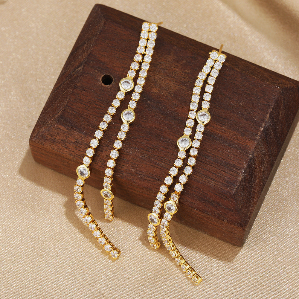Luxury Double Line Tassel Gold CZ Stainless Steel Drop Earrings Bulk